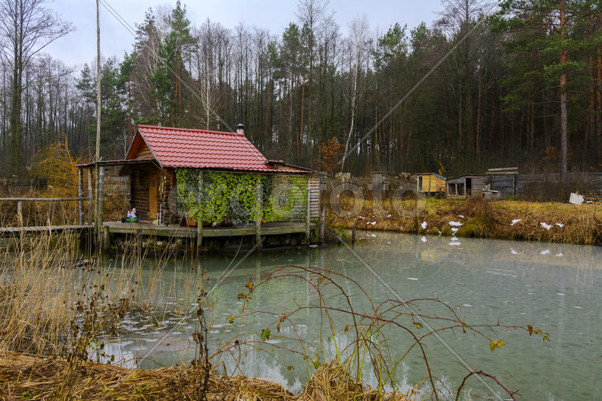 Деревянный частный дом, построенный на берегу озера