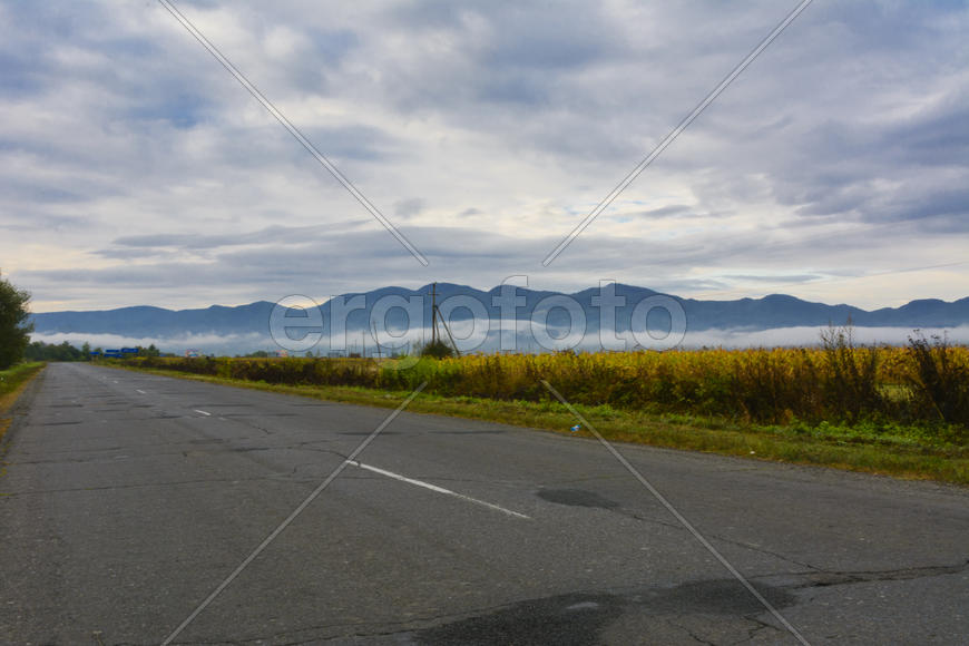 Горная дорога. Ландшафт поля и гор