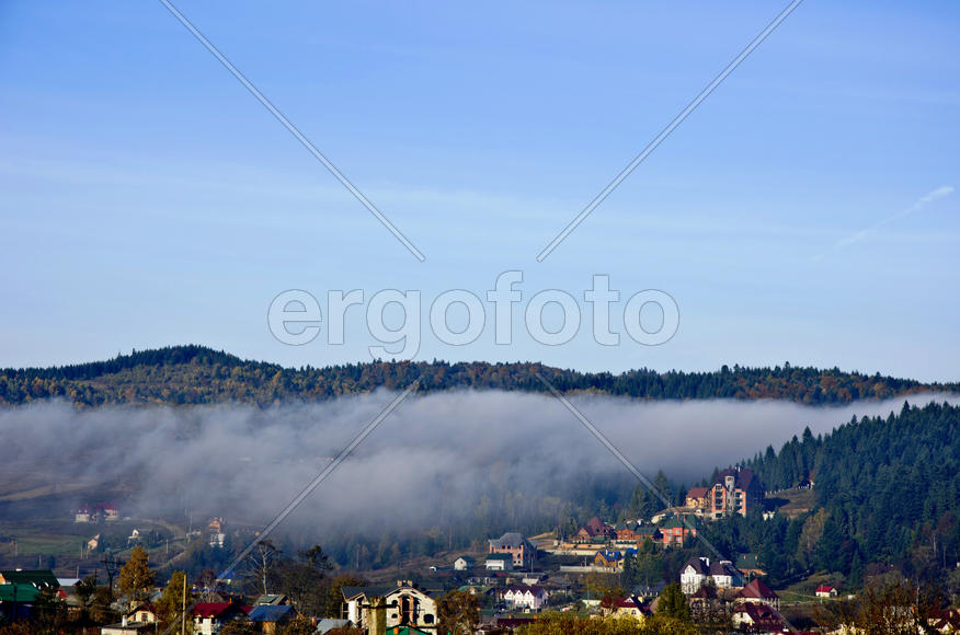 Foggy morning in Carpathians. Settlement Shidnitsa
