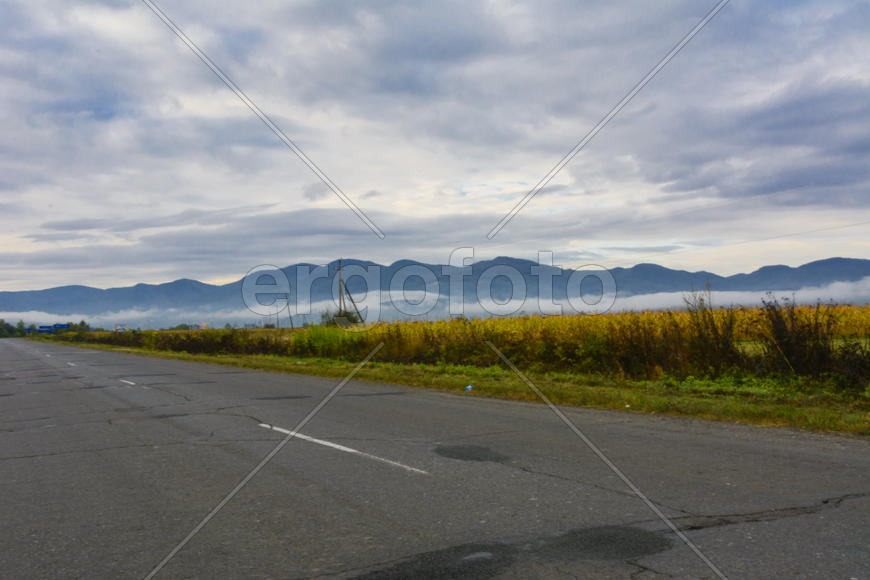 Горная дорога. Ландшафт поля и гор