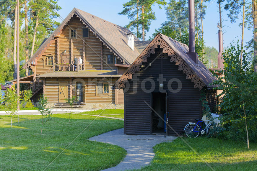 Wooden cabin in the pine forest in the summer