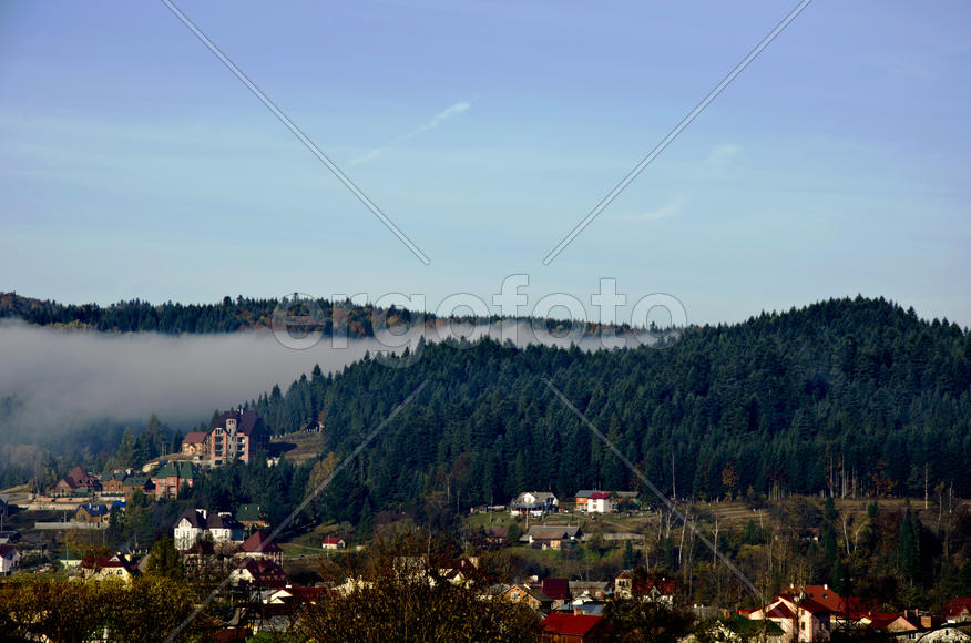 Foggy morning in Carpathians. Settlement Shidnitsa
