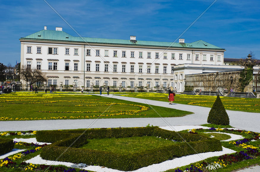The lawn in the park. The beds of ornamental flowers.