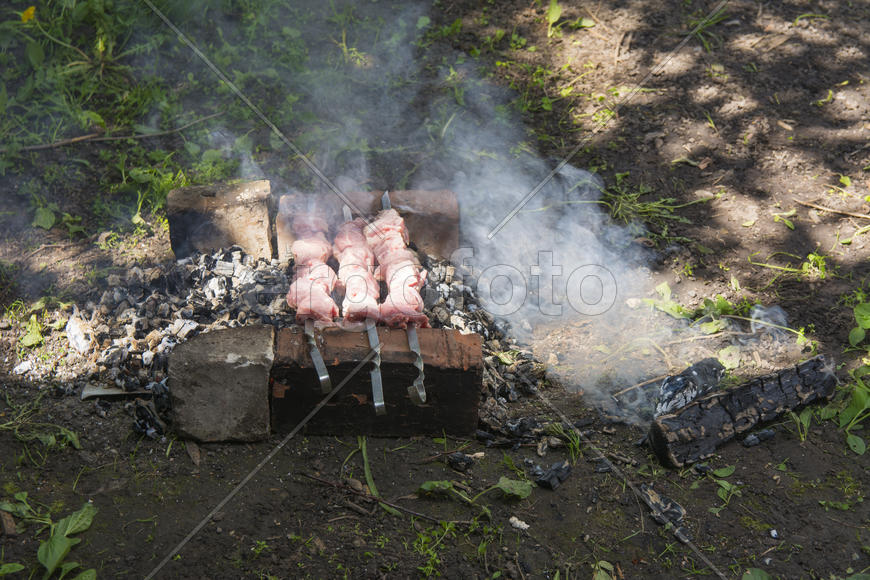 Shish kebab on skewers. Cooking meat on the coals.