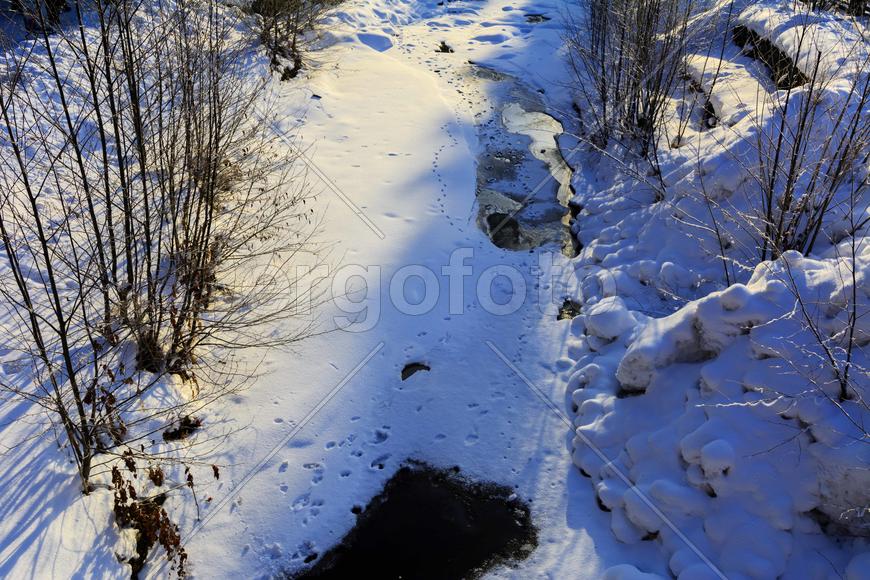 Теплая вода на льду замерзшего озера