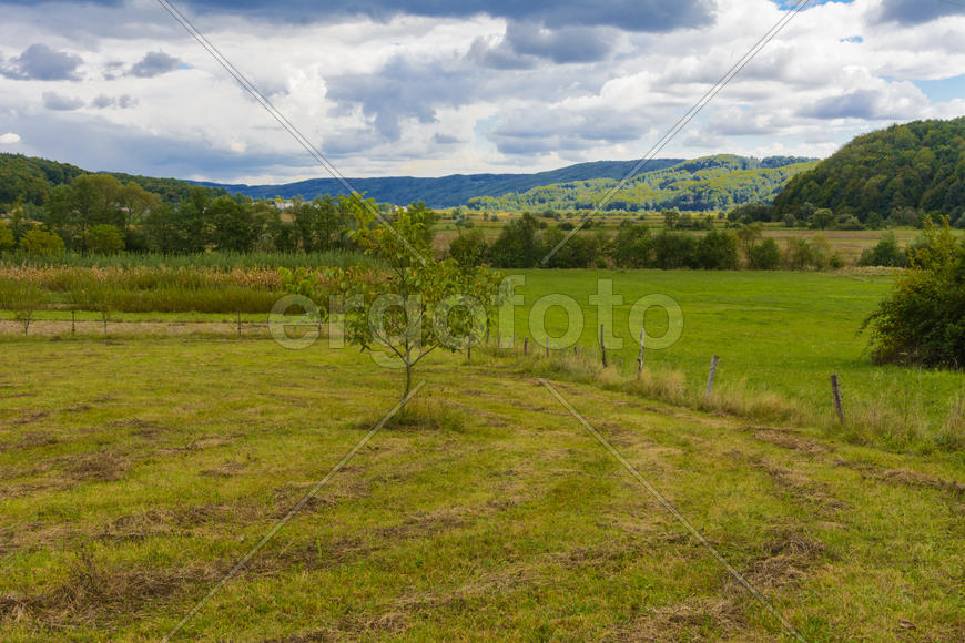 Пейзаж полей и гор в Западной Украине
