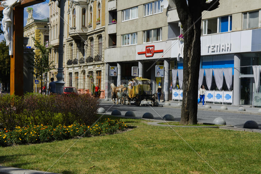 Tourist carriage with horses in the city. Cobblestones on the pavement of the city