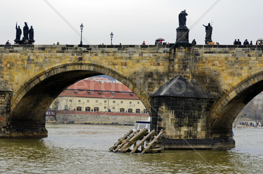 Bridge over the river, artificial structure, erected by the city river