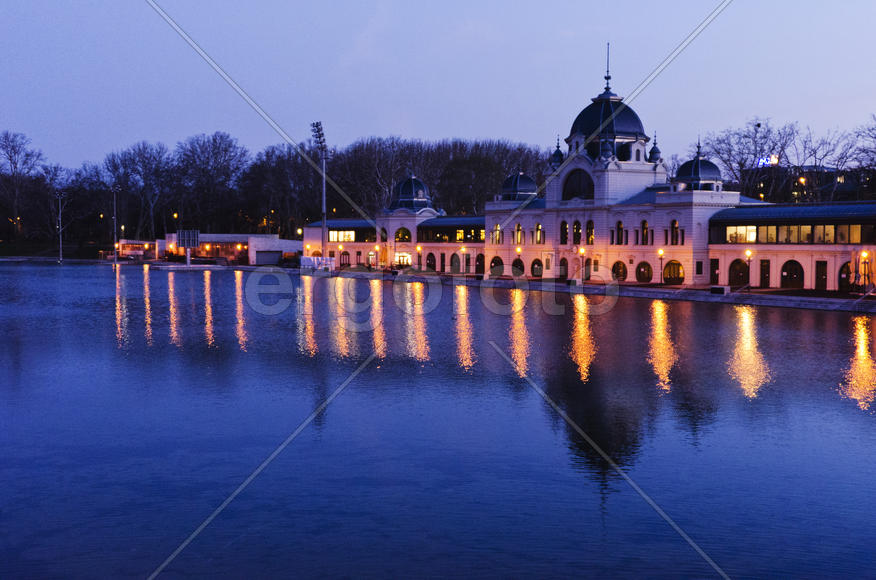Castle on the water at night. Beautiful architecture, night landscape