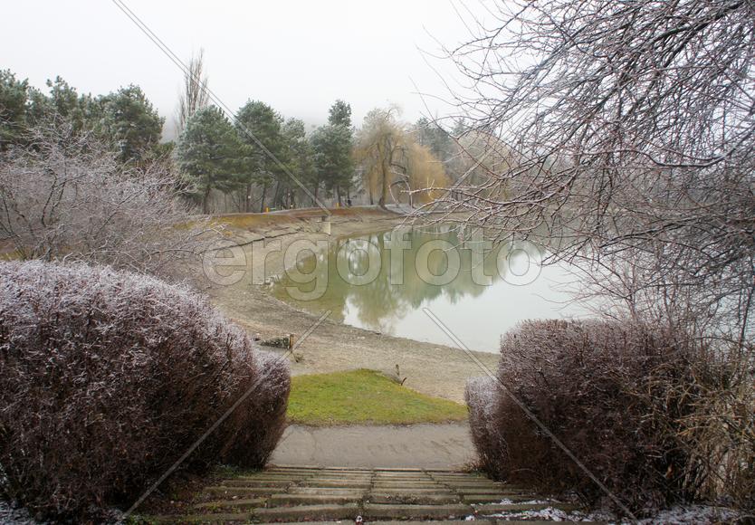 Зимний парк и озеро