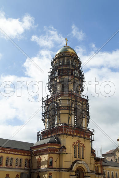 The orthodox church sparkles on the sun the gold domes