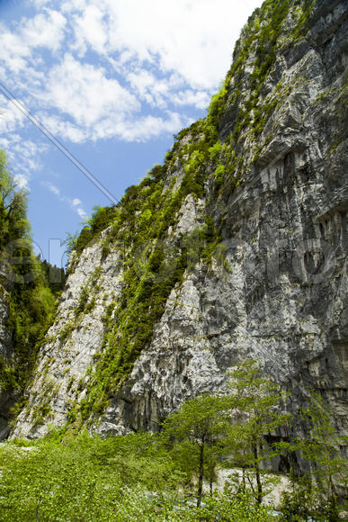 Mountains in the woods and snow are surrounded with clouds