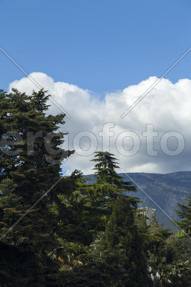 Clouds over mountains majestically float towards the sea