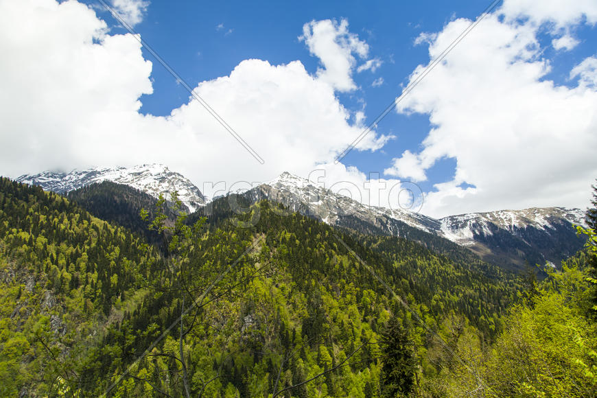 Mountains are covered with snow and the wood and surrounded with clouds