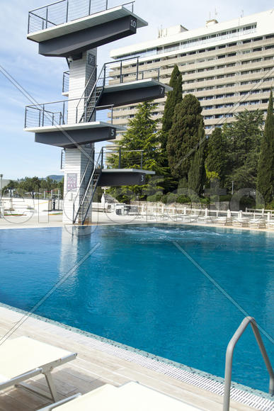 The swimming pool under beams of the sun is ready to competitions and rest