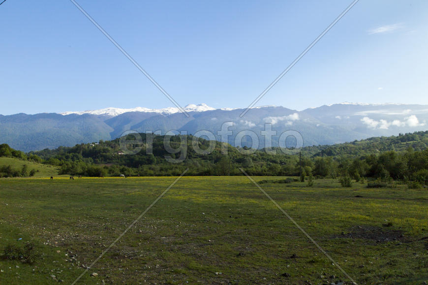 Mountains are covered with snow and the wood and surrounded with clouds