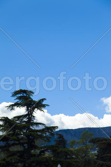 Clouds over mountains majestically float towards the sea