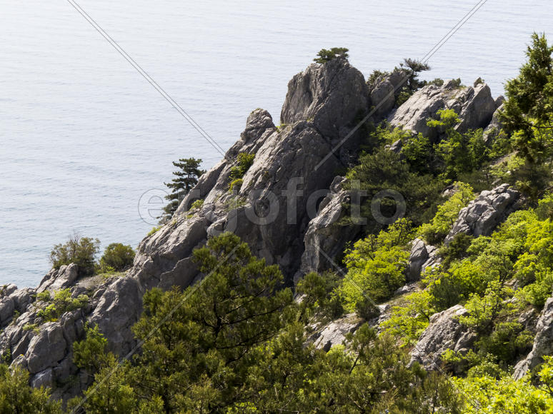 The sea and mountains in beams of a bright sun