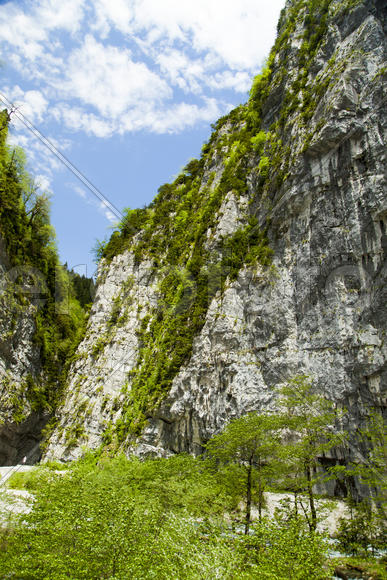 Mountains in the woods and snow are surrounded with clouds