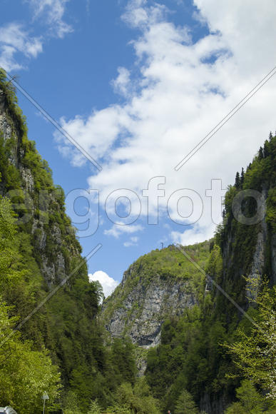 Mountains in the woods and snow are surrounded with clouds