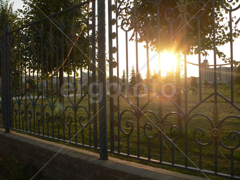 Лучи солнца светят сквозь кованную решетку 