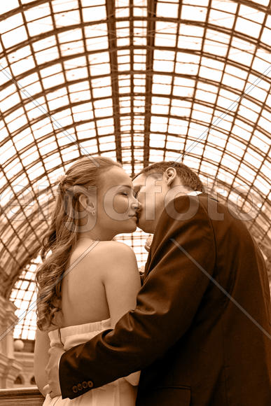 жених и невеста целуются под сводом крыши