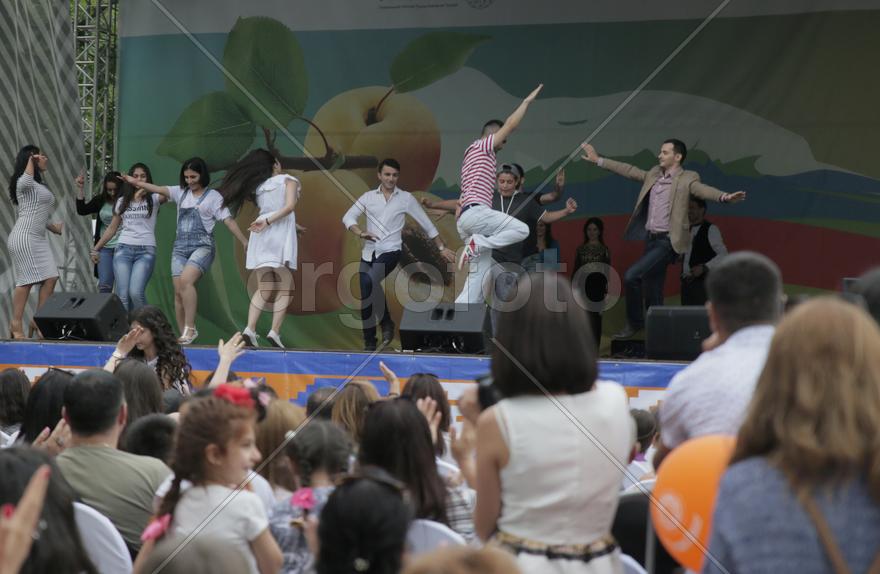 Зрители исполняют произвольные танцы . Праздник "Абрикос" в парке Музеон, 10 июля 2016 года. 