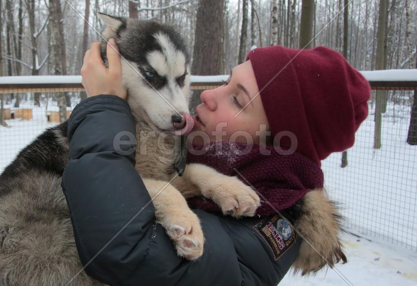 Московский художник-каллиграф Анна Коротеева с щенком Хаски по кличе Клёпа в парке Хаски в парке Сок