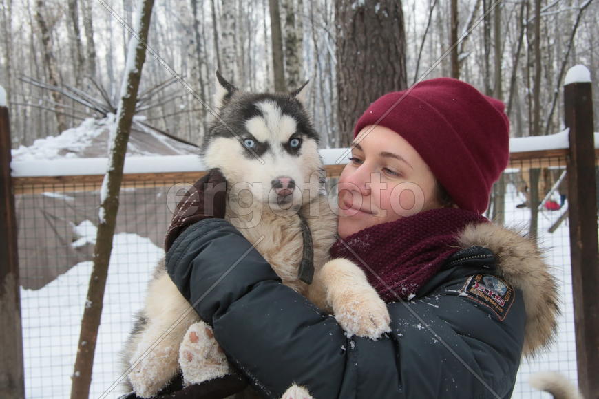 Московский художник-каллиграф Анна Коротеева с щенком Хаски по кличе Клёпа в парке Хаски в парке Сок
