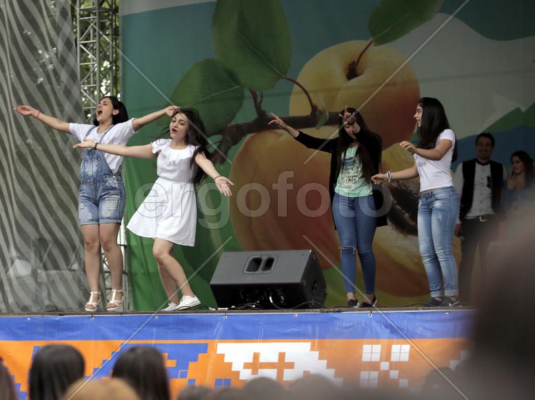 Зрители исполняют произвольные танцы . Праздник "Абрикос" в парке Музеон, 10 июля 2016 года. 