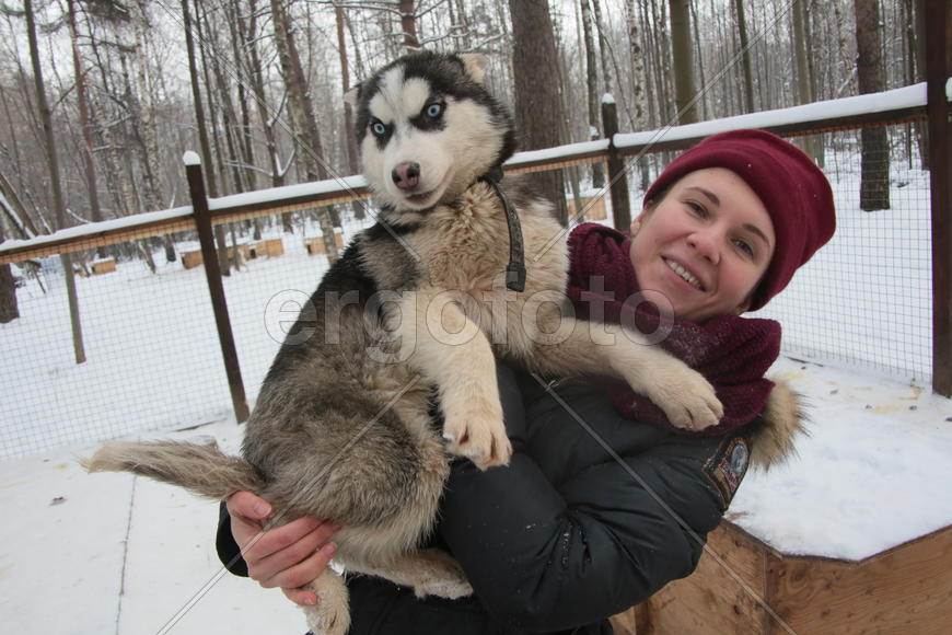 Московский художник-каллиграф Анна Коротеева с щенком Хаски по кличе Клёпа в парке Хаски в парке Сок