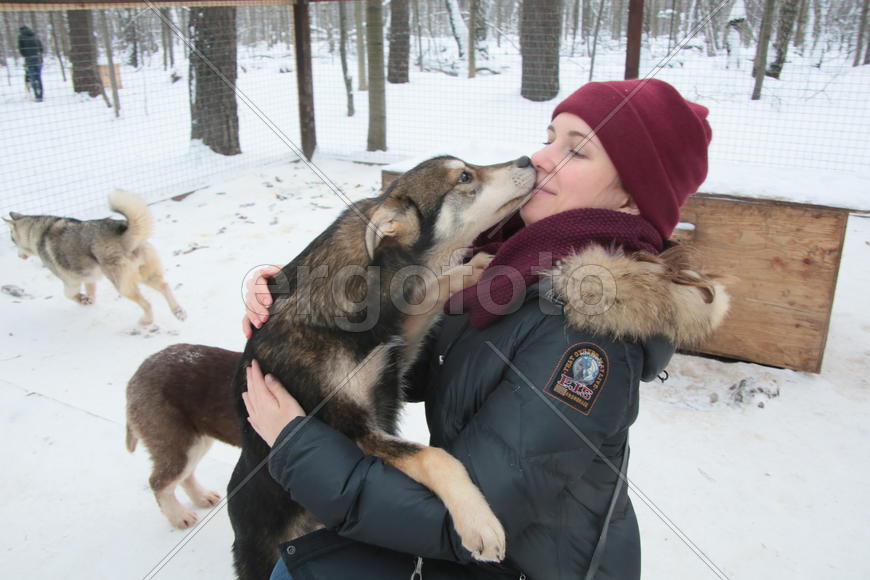 Московский художник-каллиграф Анна Коротеева с щенком Хаски по кличе Рыжик в парке Хаски в парке Сок