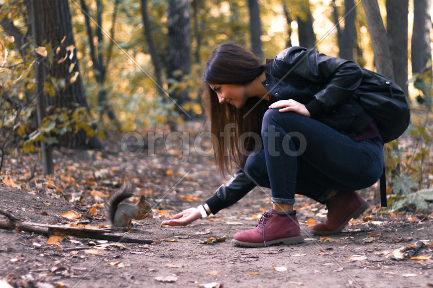 Девушка кормит белку