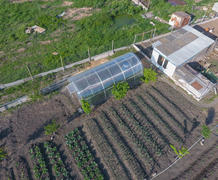Top view of the garden with a greenhouse made of polycarbonate. Household.