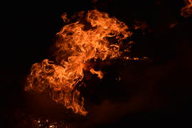 Night fire. Burning of rice straw at night