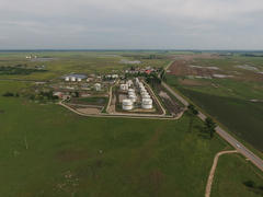 Aerial view of oil storage tanks. Industrial facility for the storage and separation of oil.