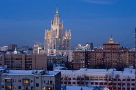View of the Moscow high-rise building in the winter twilight