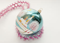 Christmas toy in the shape of a sphere with the image of the Orthodox Church