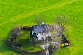 Lonely house in the field. Rural house on a green meadow