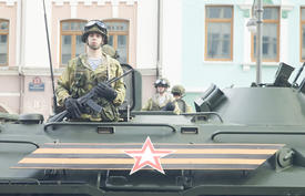 Military on parade show power of the Russian army and readiness to protect the country